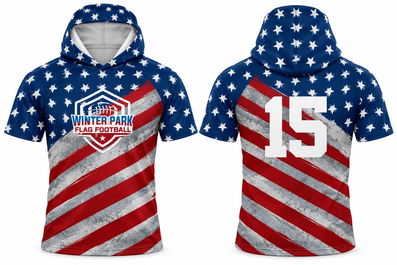 WPFF American Flag Jersey Hoodie shown front and back with a stars-and-stripes design and the number 15 on the back