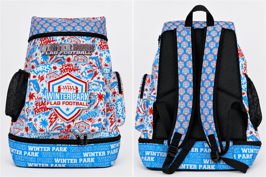 Official Winter Park Flag Football backpack shown from the front and back