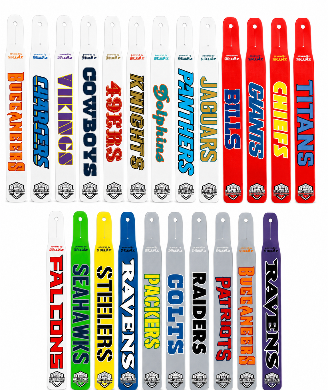 Winter Park Flag Football team flag belt sets in various team colors