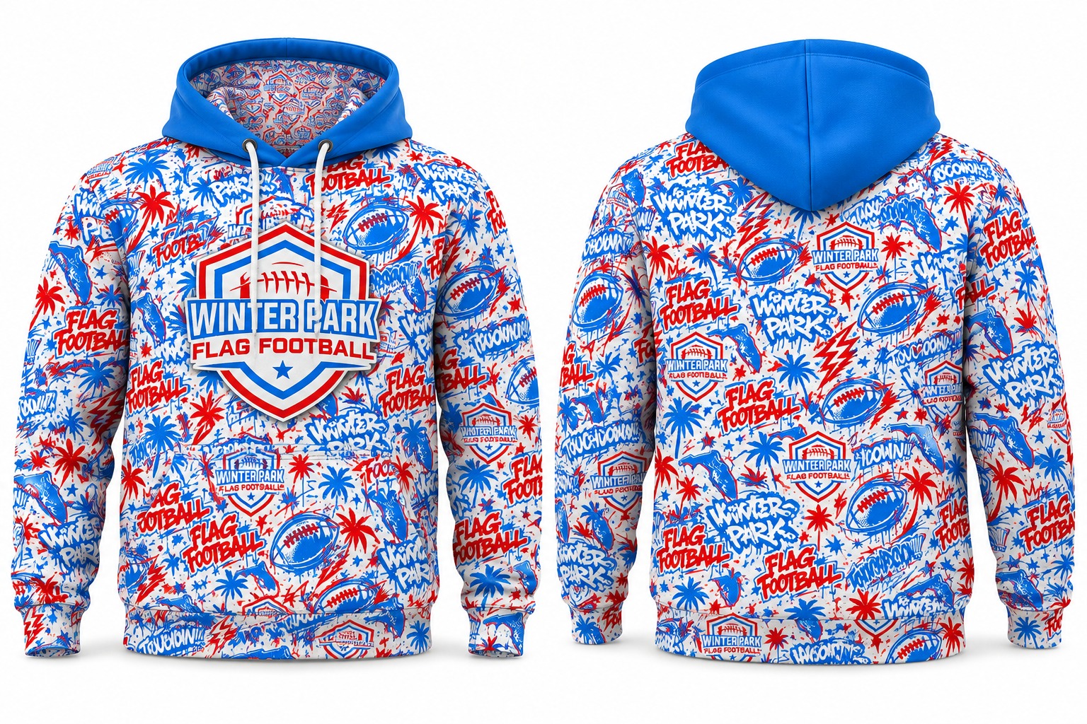 WPFF Graffiti Hoodie shown front and back with a royal-blue hood and an all-over red, white, and blue graffiti print