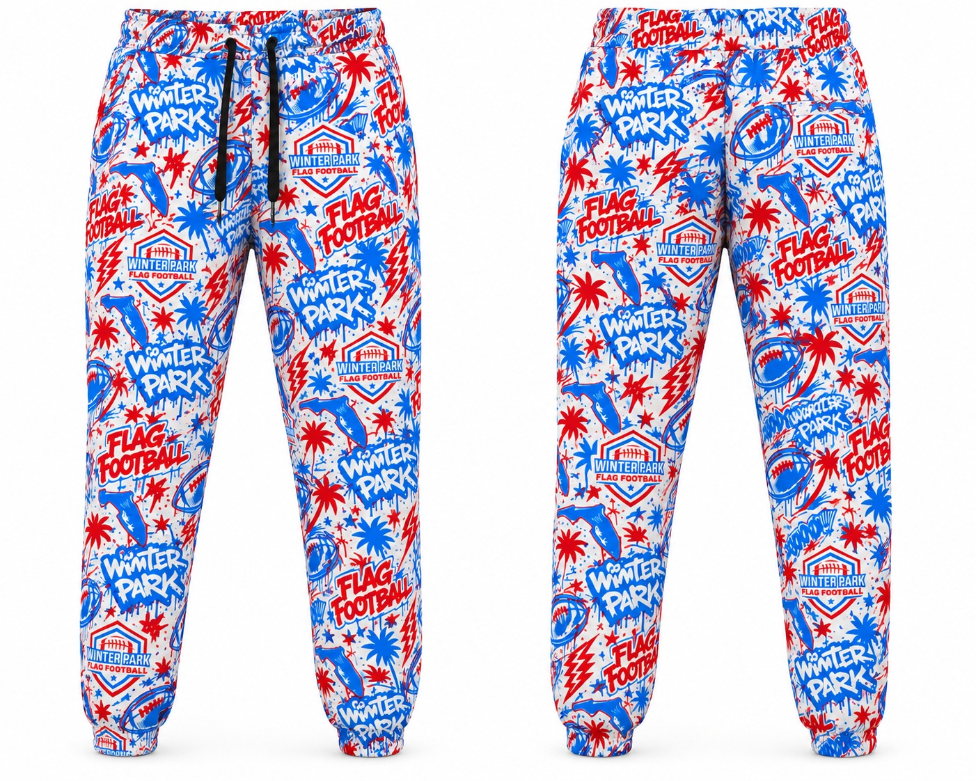 WPFF Graffiti Joggers shown front and back with an all-over red, white, and blue graffiti print
