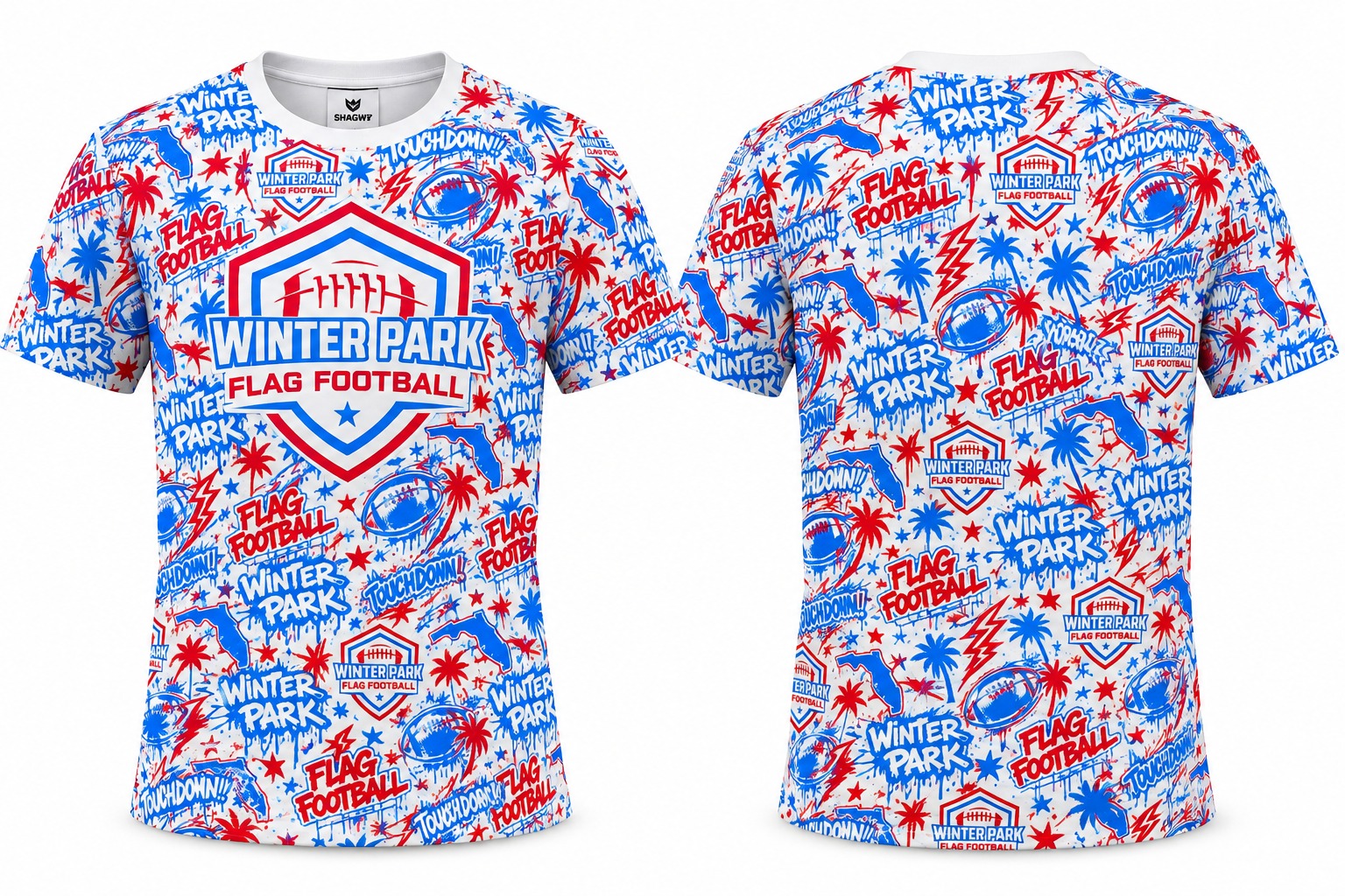 WPFF Graffiti Tee shown front and back with an all-over red, white, and blue graffiti print